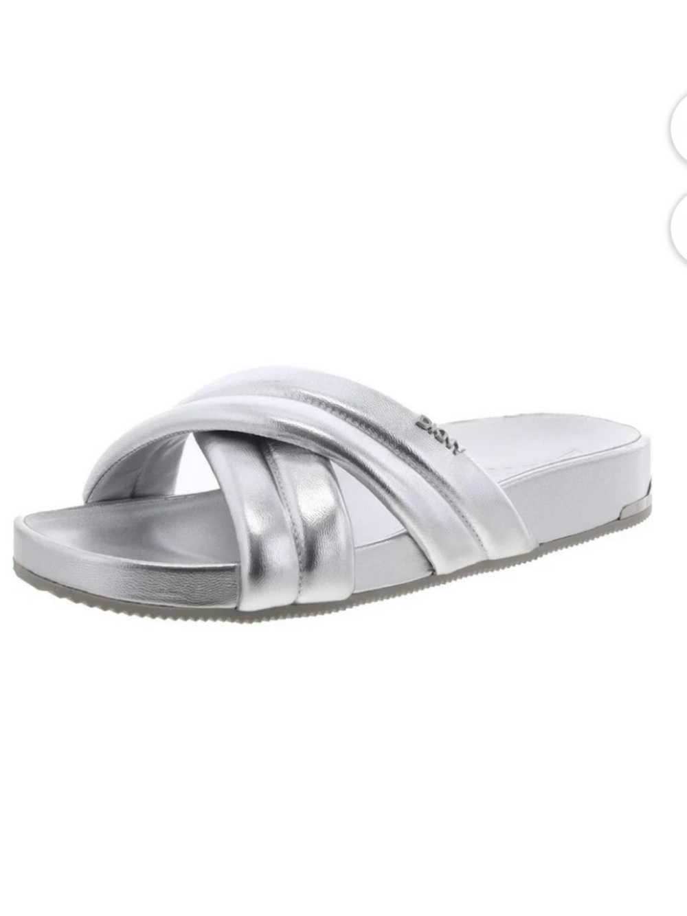 NWT! DKNY Iridescent Silver Crisscross Slide Sandals Size 7.5
